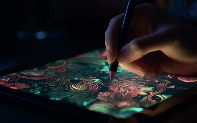 A person creating graphic design on a tablet using a pen.