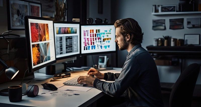 A man at a desk with two monitors, engaged in graphic design work.