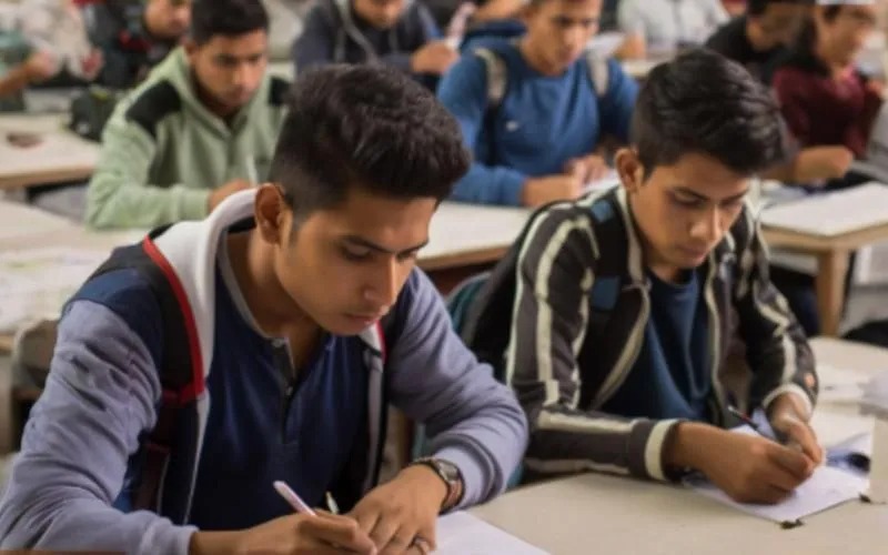 Classroom scene with students writing at their desks, engaged in learning and taking notes.